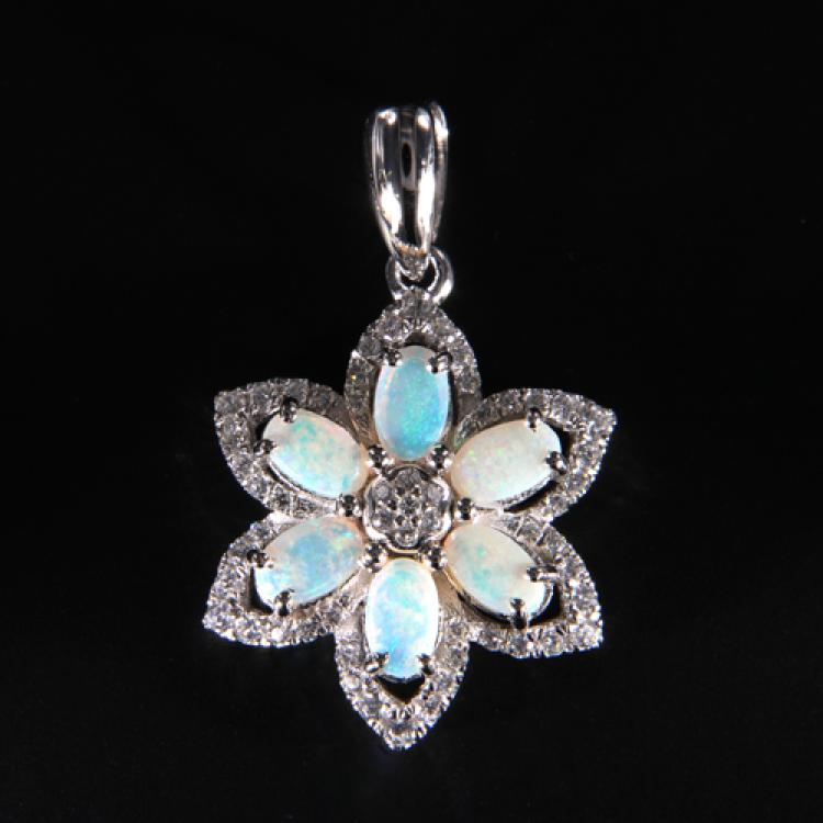 Silver Flower Pendant with Australian Light Opal and Zirconia